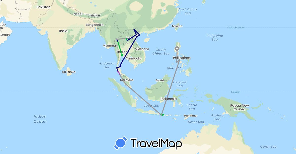 TravelMap itinerary: driving, bus, plane, train in Indonesia, Laos, Malaysia, Philippines, Thailand, Vietnam (Asia)